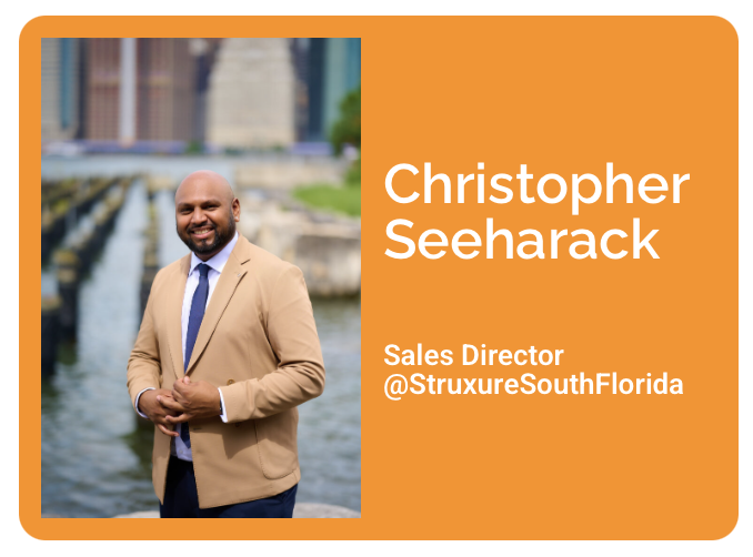 Christopher Seeharack, Sales Director at StruXure South Florida, professional headshot on an orange branded profile card